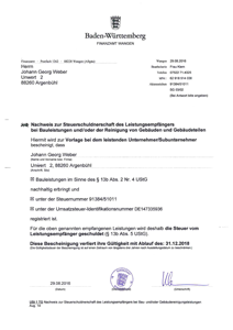 Nachweis zur Steuerschuldnerschaft des Leistungsempfängers bei Bauleistungen Nachweis zur Steuerschuldnerschaft des Leistungsempfängers bei Bauleistungen